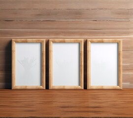 Minimalist elegance: Trio of shadow-play art frames on a warm wooden backdrop.