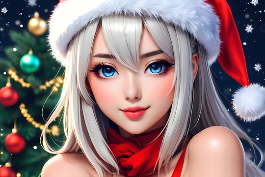 Christmas anime girl in santa hat digital art