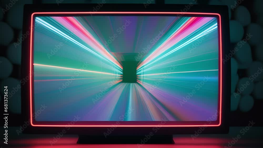 Poster an outdated monitor with a series of pulses and stripes of red blue and green colors that slowly mov