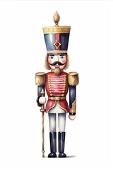 Vertical watercolor illustration of traditional nutcracker. Christmas card concept
