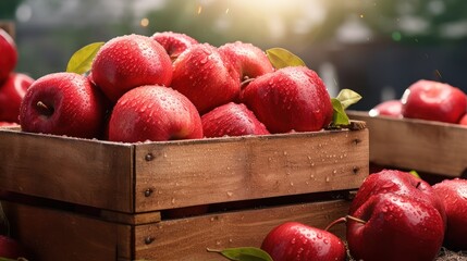 A Fresh red apples in wooden crates, on sorted background, water droplets on the surface, fresh harvest concept.