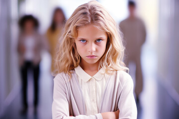 Fototapeta premium Blonde girl feeling sad in trouble, her mother as background behind