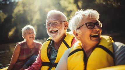 A Candid capture of joyful senior citizens enjoying companionship at a social club. Collect friendships and fun during camping adventures in misty forests and lakes.