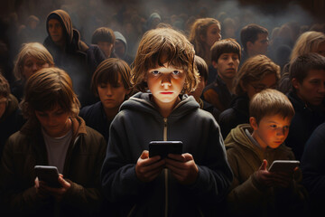 boy holding smartphone and standing in crowd of children who look at mobile phones. Concept of gadget addiction
