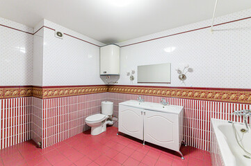 interior apartment room bathroom, sink, decorative elements, toilet