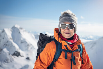 Fototapeta na wymiar cheerful senior woman in winter sports clothing and ski glasses with snow covered mountains on the background