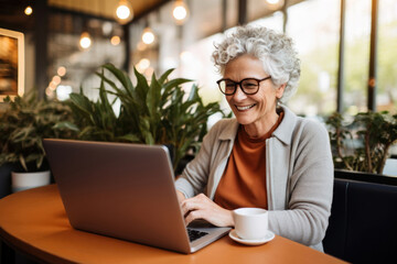 portrait of senior woman in glasses sitting in cafe and working at laptop