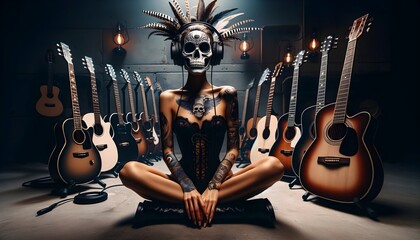 Woman wearing skull mask with guitar background