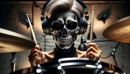 Skull-masked musician playing drums 
