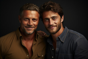 Young happy gay couple in casual clothes isolated on gray background