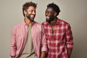 Obraz premium Young happy multinational gay couple in casual clothes isolated on gray background