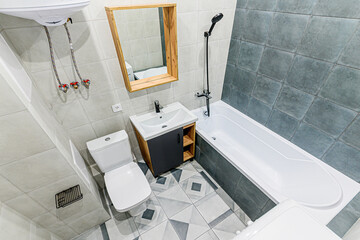 interior apartment room bathroom, sink, decorative elements, toilet