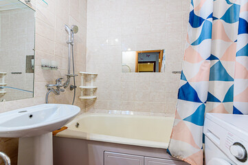 interior apartment room bathroom, sink, decorative elements, toilet