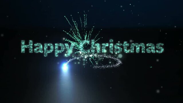 Animation of shooting star over merry christmas text banner against fireworks exploding