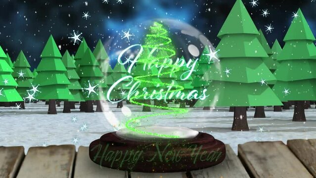 Animation of shooting star over merry christmas text in a snow globe against winter landscape