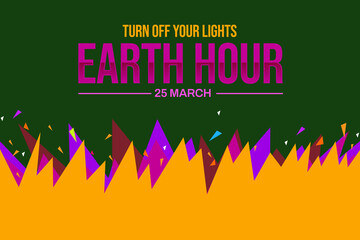 Earth Hour wallpaper with different color shapes design and typography on the center. Earth Hour background on the black backdrop