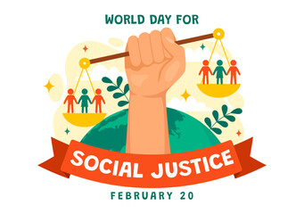 World Day of Social Justice Vector Illustration on February 20 with Scales or Hammer for a Just Relationship and Injustice Protection in Background