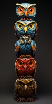 totem pole made of different colored owls on dark studio background