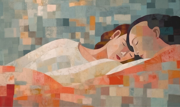 In a lovingly designed bedroom, a peacefully sleeping couple rests, nestled close to each other.
