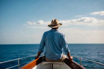Foto op Canvas A man in a straw hat and blue shirt gazes out to sea while seated at the stern of a wooden boat © odela