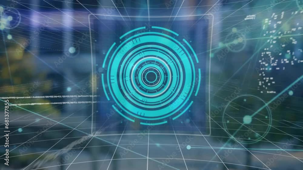 Poster animation of graphs, circles, computer language and 6g text over moving vehicles against building