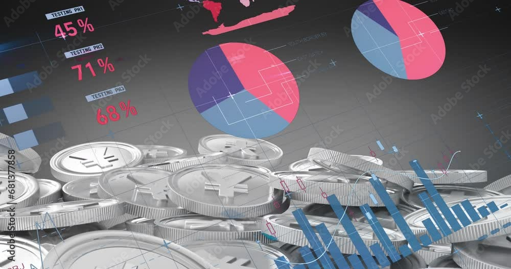 Poster animation of statistical data processing over stack of yen coins against grey background