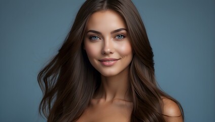 Fototapeta premium Portrait of a beautiful young girl with natural make-up and well-groomed hair on a light blue background in the studio