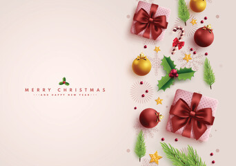 Merry christmas greeting vector design. Christmas and happy new year greeting text with xmas balls, gift boxes and spruce elements for holiday season background. Vector illustration elegant invitation