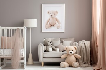 Fototapeta na wymiar interior of a white and grey baby room/nursery with teddy bears