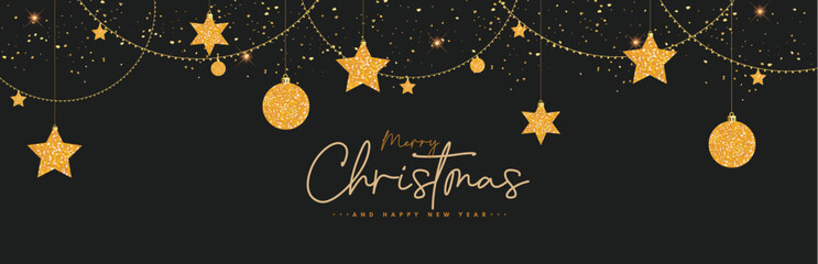 Merry christmas greeting text vector design. Christmas and happy new year in black empty space with stars and balls in gold color hanging in elegant background. Vector illustration holiday season 