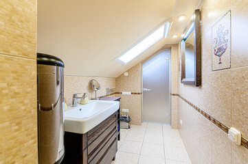 interior apartment room bathroom, sink, decorative elements, toilet