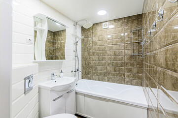 interior apartment room bathroom, sink, decorative elements, toilet
