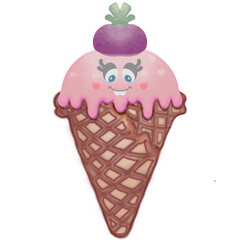 Collection ice cream cartoon with watercolor spots in hand drawn waffle cones. Vector illustration.