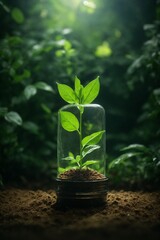 Green plant in a glass dome in the forest. Ecology concept.