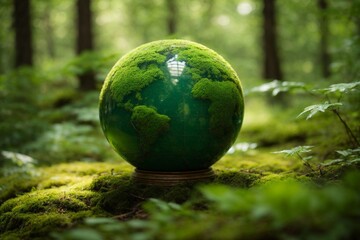 Obraz na płótnie Canvas Globe in the green forest. Global warming, environment and ecology concept