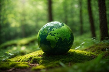 Globe in the green forest. Global warming, environment and ecology concept