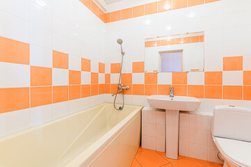 interior apartment room bathroom, sink, decorative elements, toilet