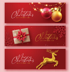 Fototapeta na wymiar Christmas red greeting card vector banner set. Merry christmas and happy new year text in red greetings card with xmas balls, gift and gold deer in elegant background collection. Vector illustration 