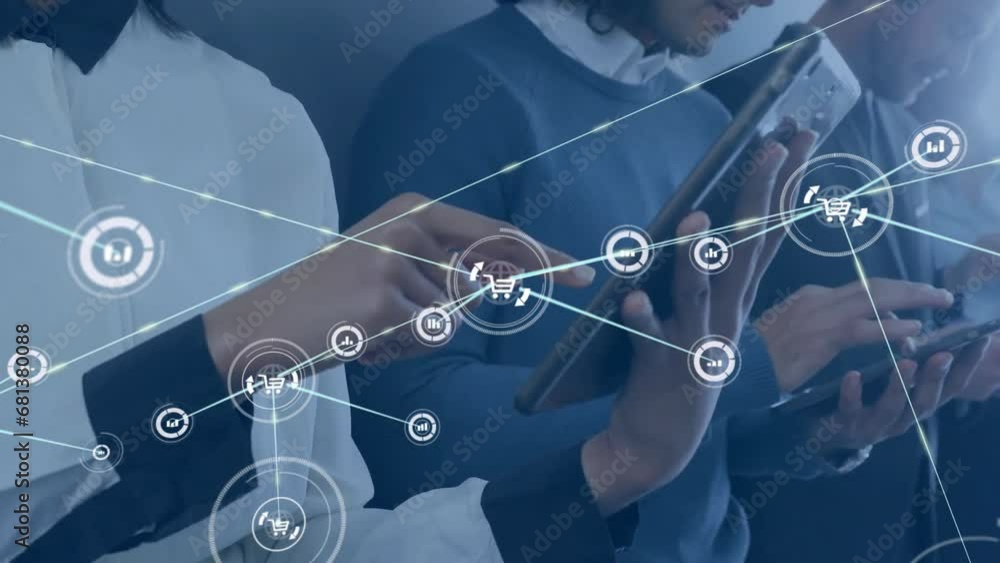 Poster animation of connected icons over diverse people standing with wall support and using digital tablet