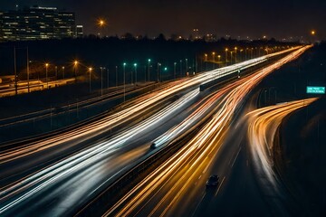 Fototapeta na wymiar High speed urban traffic on a city highway during evening rush hour, car headlights and busy night transport captured by motion blur lighting effect and abstract long exposure photography 