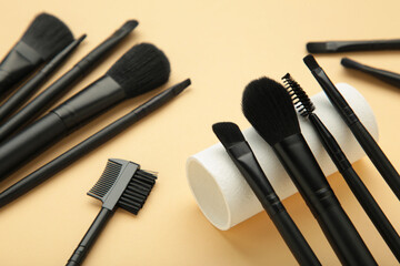 Professional female cosmetics brushes for makeup and eyelash brush on beige background. Cosmetics...