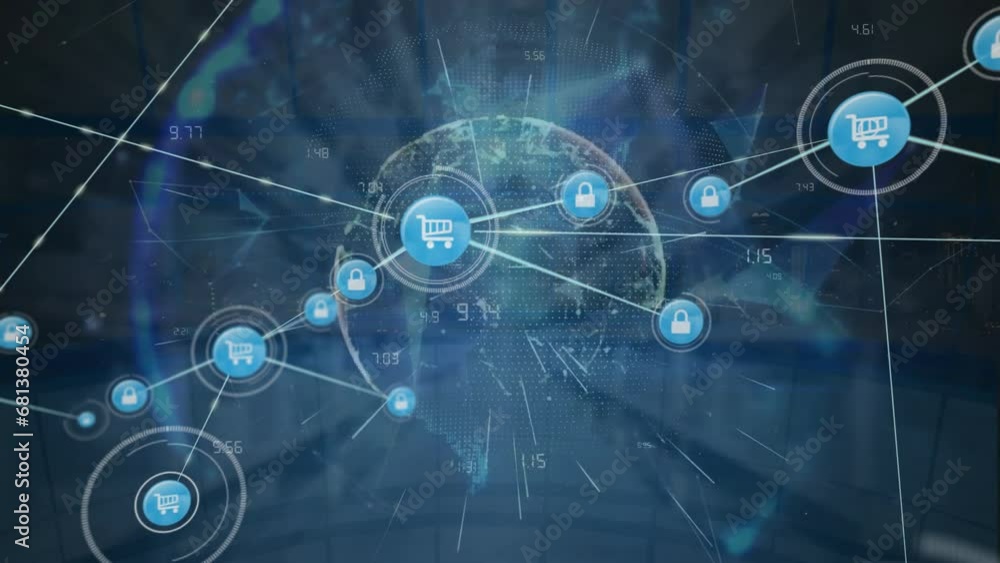 Aufkleber animation of connected icons and numbers around globe against warehouse in background