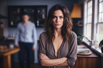 Brunette woman feeling sad and disappointed, her husband is behind - obrazy, fototapety, plakaty