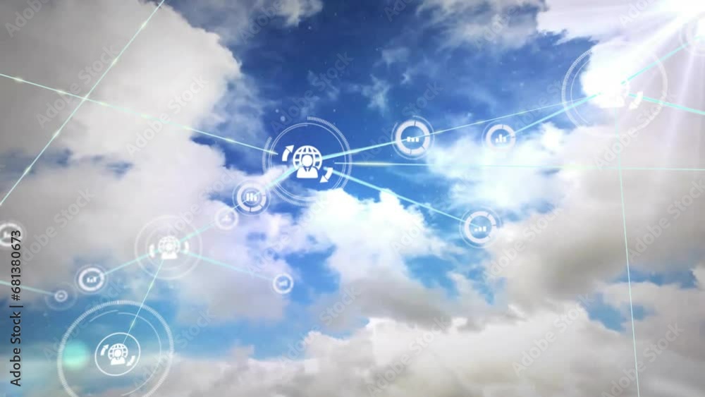 Aufkleber animation of icons connected with lines over dense clouds in sky