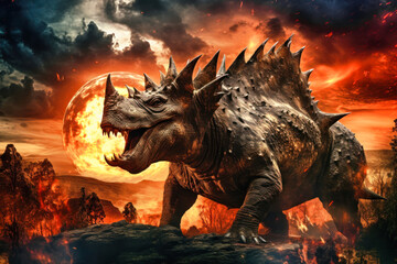 A terrible dinosaur Triceratops with an open huge mouth against a background of fire and smoke in the burning primeval jungle. Death of the dinosaurs.
