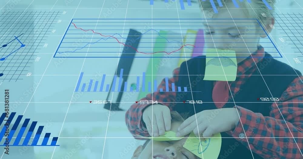 Poster animation of graphs, changing numbers, loading circles, caucasian boys playing with sticky notes