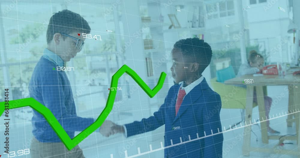 Aufkleber animation of graph and changing numbers over schoolboys shaking hands in classroom