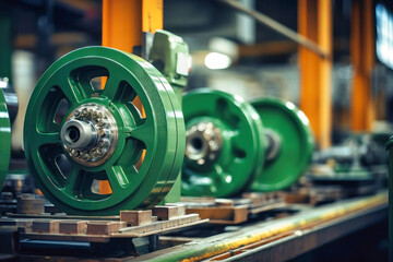 Photo of a line of spinning spools on a moving assembly line. Modern metal processing at an industrial enterprise. Manufacturing of high-precision parts and mechanisms.