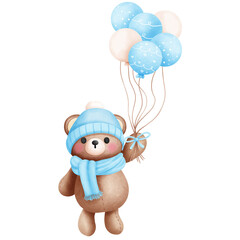 Watercolor teddy bear with balloons illustration.Winter animal clipart.Nursery decoration.Making cards,Wall art.
