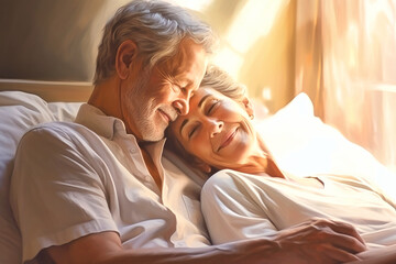 You are the beautiful part of my life. Happy elderly couple cuddling in bed. Romantic feelings. Love.